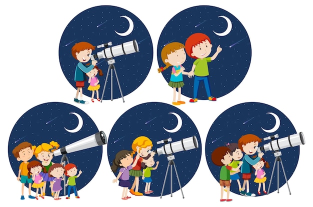 Conjunto de diferentes niños mirando a través del telescopio por la noche