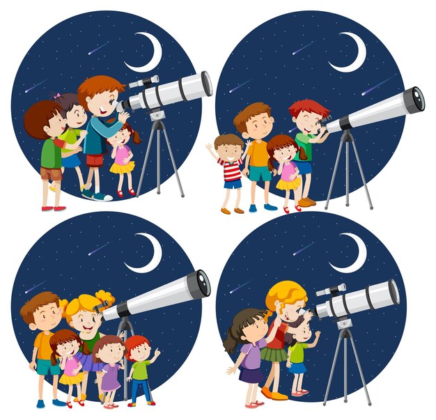 Conjunto de diferentes niños mirando a través del telescopio por la noche