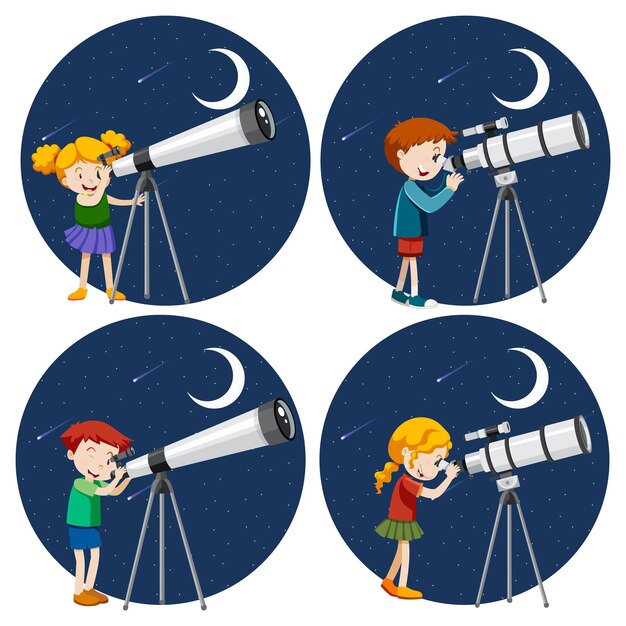 Conjunto de diferentes niños mirando a través del telescopio por la noche