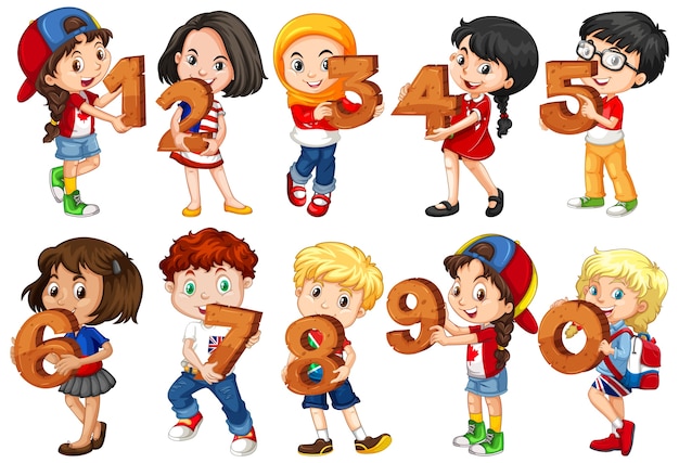 Vector gratuito conjunto de diferentes niños con número de matemáticas.