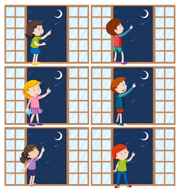 Vector gratuito conjunto de diferentes niños señalando con el dedo a la luna