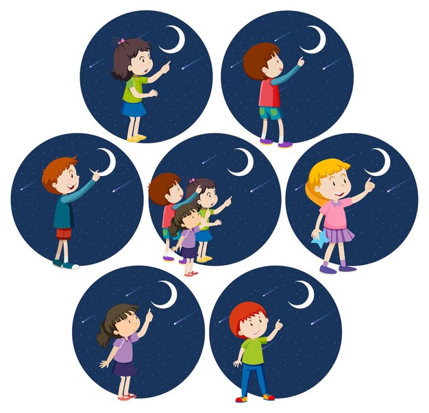 Conjunto de diferentes niños señalando con el dedo a la luna