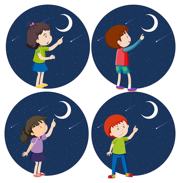 Conjunto de diferentes niños señalando con el dedo a la luna