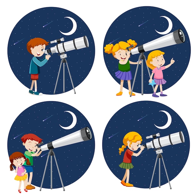 Vector gratuito conjunto de diferentes niños usando telescopio