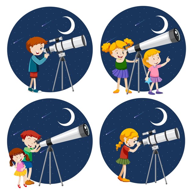 Conjunto de diferentes niños usando telescopio