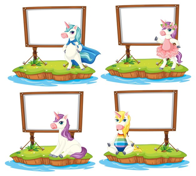 Conjunto de diferentes pancartas en blanco con unicornios.
