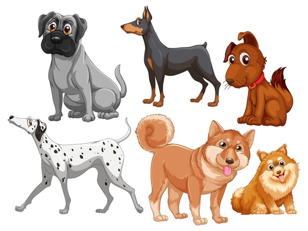 Conjunto de diferentes perros lindos en estilo de dibujos animados