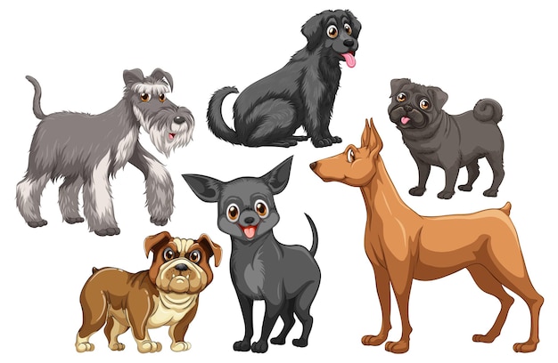 Vector gratuito conjunto de diferentes perros lindos en estilo de dibujos animados