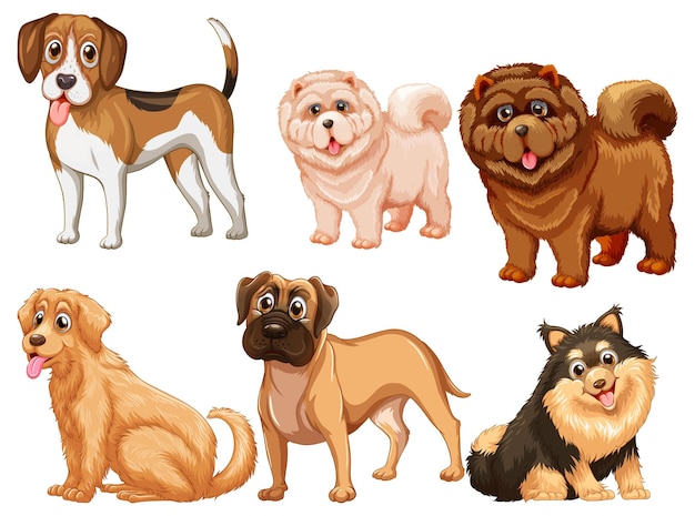 Conjunto de diferentes perros lindos en estilo de dibujos animados