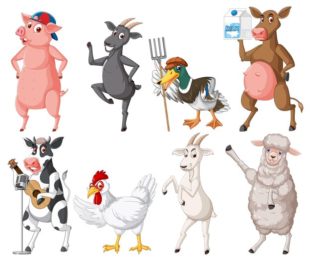 Conjunto de diferentes personajes de dibujos animados de animales de granja