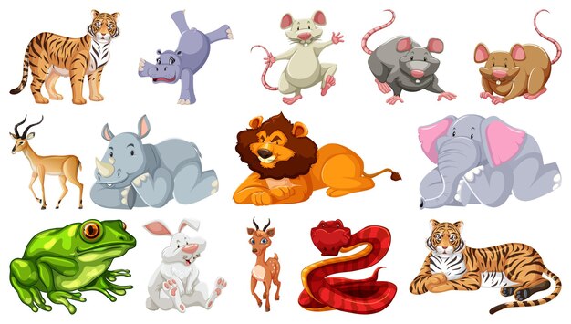 Conjunto de diferentes personajes de dibujos animados de animales salvajes.