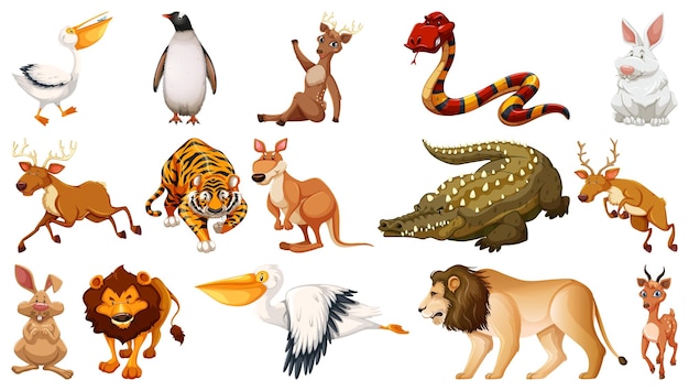 Vector gratuito conjunto de diferentes personajes de dibujos animados de animales salvajes.