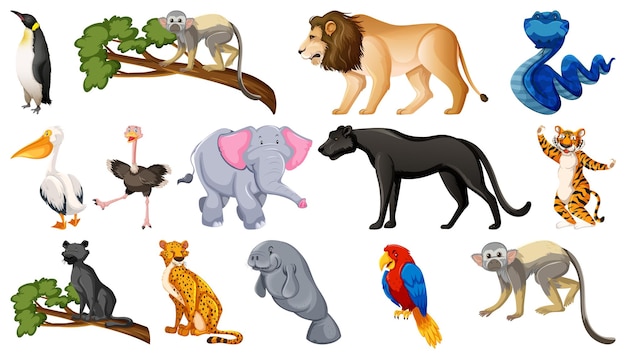 Vector gratuito conjunto de diferentes personajes de dibujos animados de animales salvajes