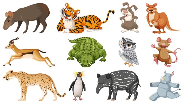 Conjunto de diferentes personajes de dibujos animados de animales salvajes