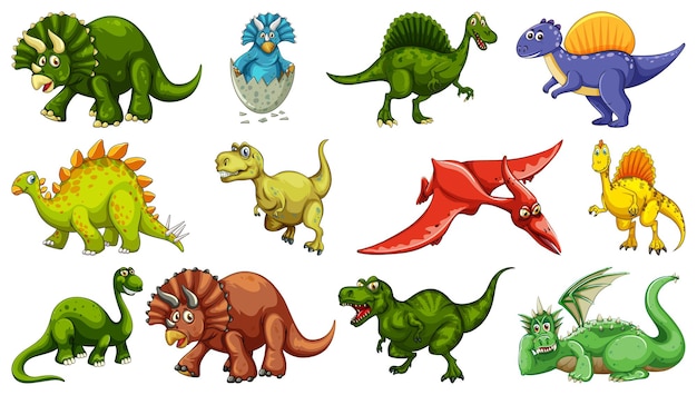 Conjunto de diferentes personajes de dibujos animados de dinosaurios aislado sobre fondo blanco.