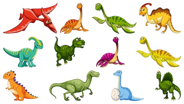 Conjunto de diferentes personajes de dibujos animados de dinosaurios aislado sobre fondo blanco.