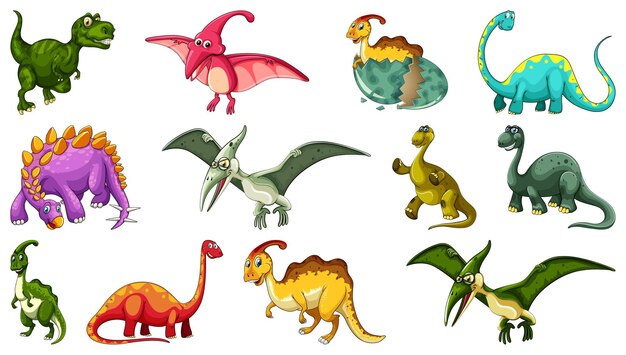 Conjunto de diferentes personajes de dibujos animados de dinosaurios aislado