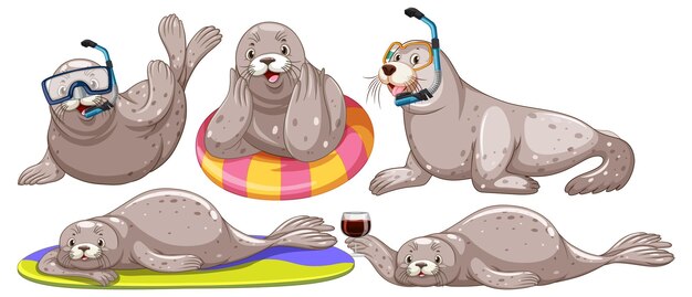 Conjunto de diferentes personajes de dibujos animados de focas