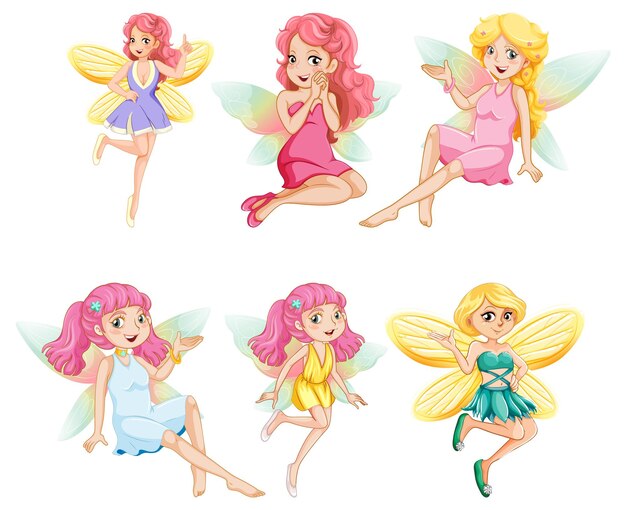 Conjunto de diferentes personajes de dibujos animados de hadas hermosas