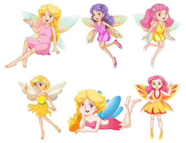 Conjunto de diferentes personajes de dibujos animados de hadas hermosas