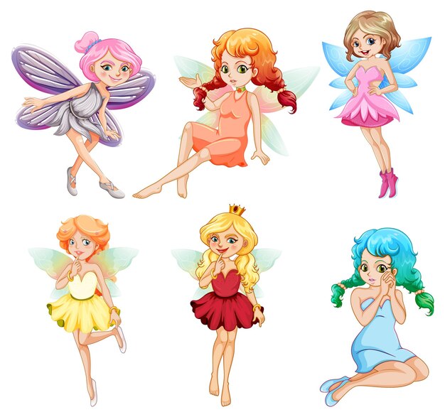 Conjunto de diferentes personajes de dibujos animados de hadas hermosas