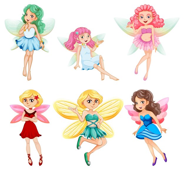Conjunto de diferentes personajes de dibujos animados de hadas hermosas