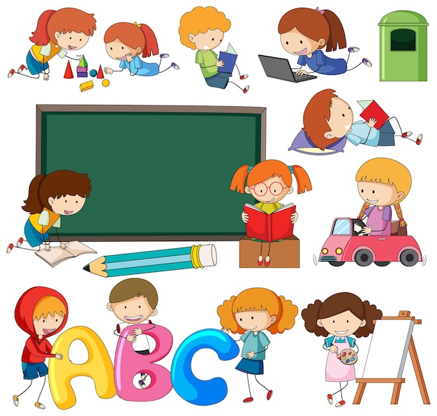 Conjunto de diferentes personajes de dibujos animados de niños doodle aislado