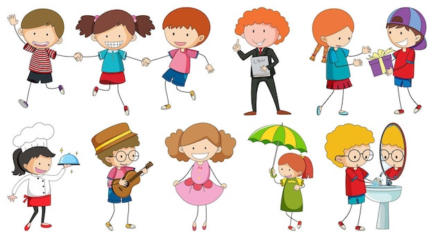 Vector gratuito conjunto de diferentes personajes de dibujos animados de niños doodle