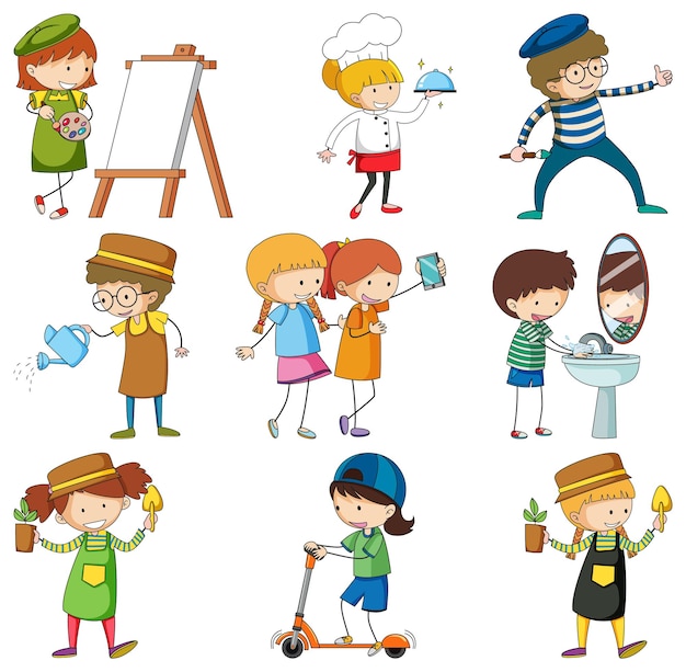 Vector gratuito conjunto de diferentes personajes de dibujos animados de niños doodle