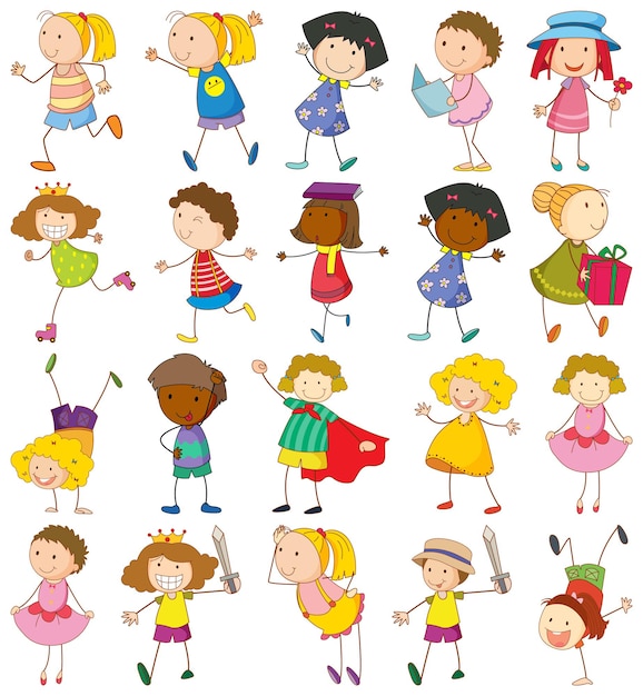 Conjunto de diferentes personajes de dibujos animados de niños doodle