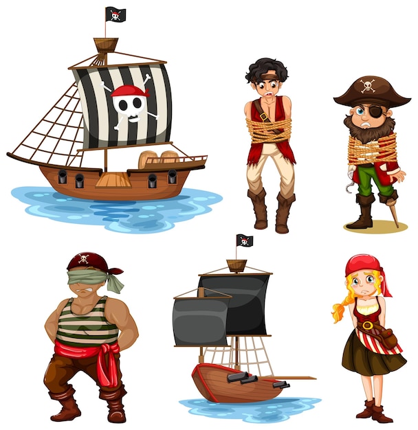 Conjunto de diferentes personajes de dibujos animados de piratas