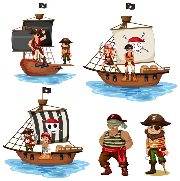 Conjunto de diferentes personajes de dibujos animados de piratas