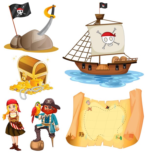 Conjunto de diferentes personajes de dibujos animados de piratas