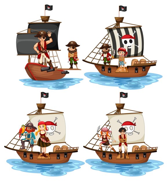 Conjunto de diferentes personajes de dibujos animados de piratas