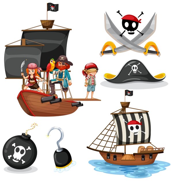 Conjunto de diferentes personajes de dibujos animados de piratas