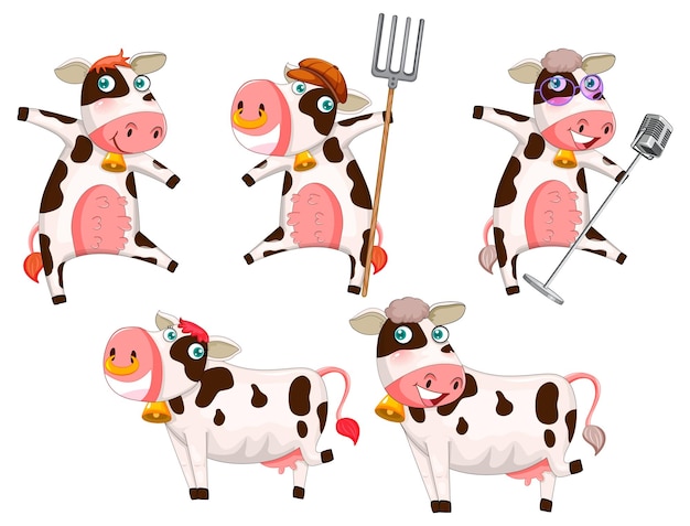Vector gratuito conjunto de diferentes personajes de dibujos animados de vacas