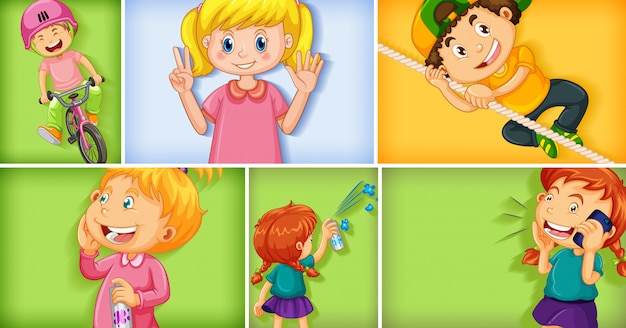 Conjunto de diferentes personajes infantiles sobre fondo de color diferente