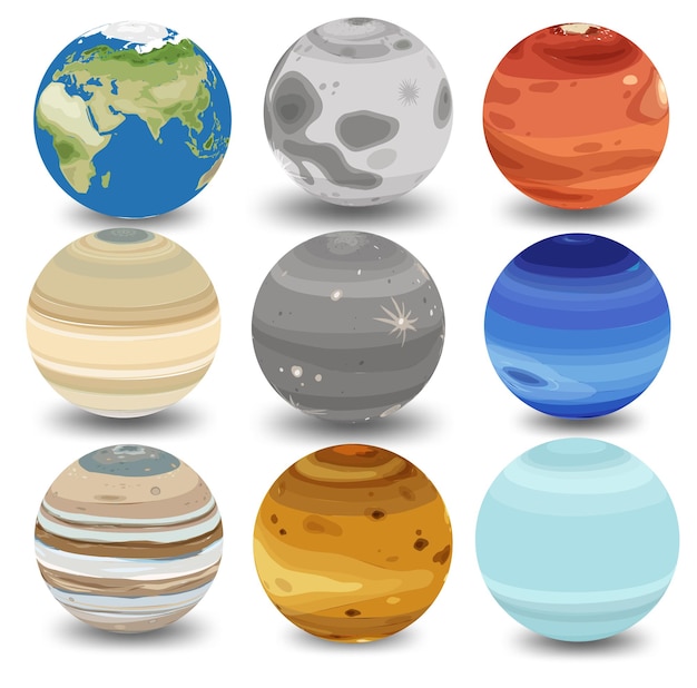 Conjunto de diferentes planetas en blanco