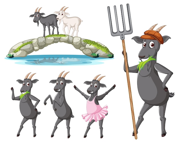 Vector gratuito conjunto de diferentes poses de personajes de dibujos animados de cabras