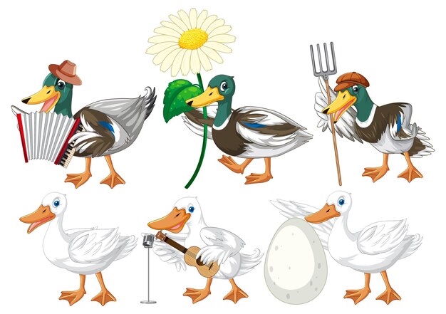 Conjunto de diferentes poses de personajes de dibujos animados de patos