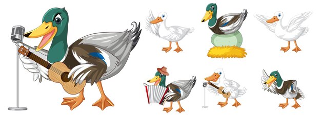 Conjunto de diferentes poses de personajes de dibujos animados de patos