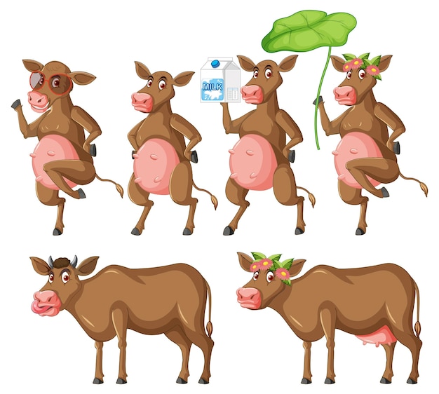 Vector gratuito conjunto de diferentes poses de personajes de dibujos animados de vacas lecheras