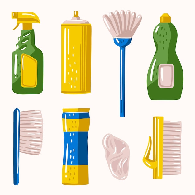 Conjunto de diferentes productos de limpieza de superficies.
