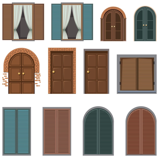 Vector gratuito conjunto de diferentes puertas y ventanas vintage.