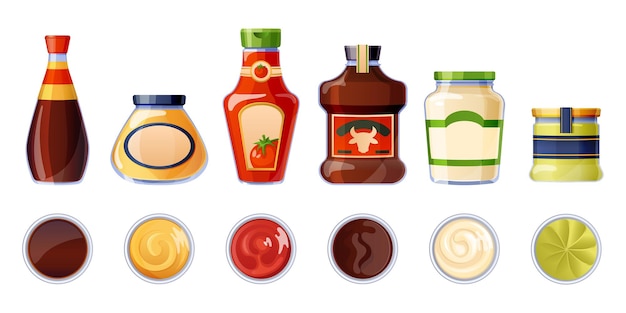 Conjunto de diferentes salsas en botellas y tazones.