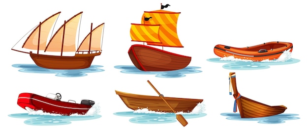 Conjunto de diferentes tipos de barcos y barcos aislados.