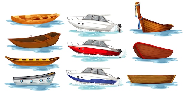 Conjunto de diferentes tipos de barcos y barcos aislados.