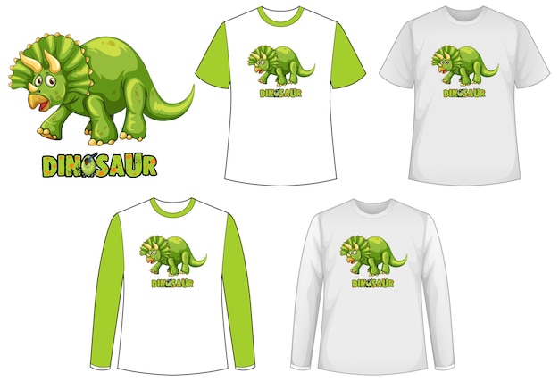 Conjunto de diferentes tipos de camiseta en tema de dinosaurios con dibujos animados de dinosaurios