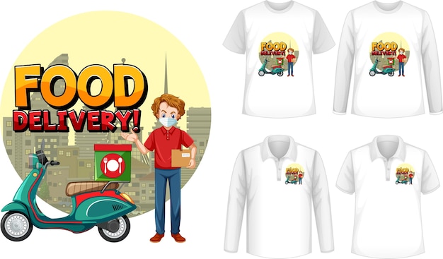 Vector gratuito conjunto de diferentes tipos de camisetas con dibujos animados de entrega de comida