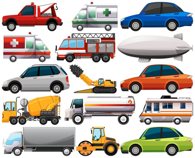 Conjunto de diferentes tipos de coches y camiones aislado sobre fondo blanco.